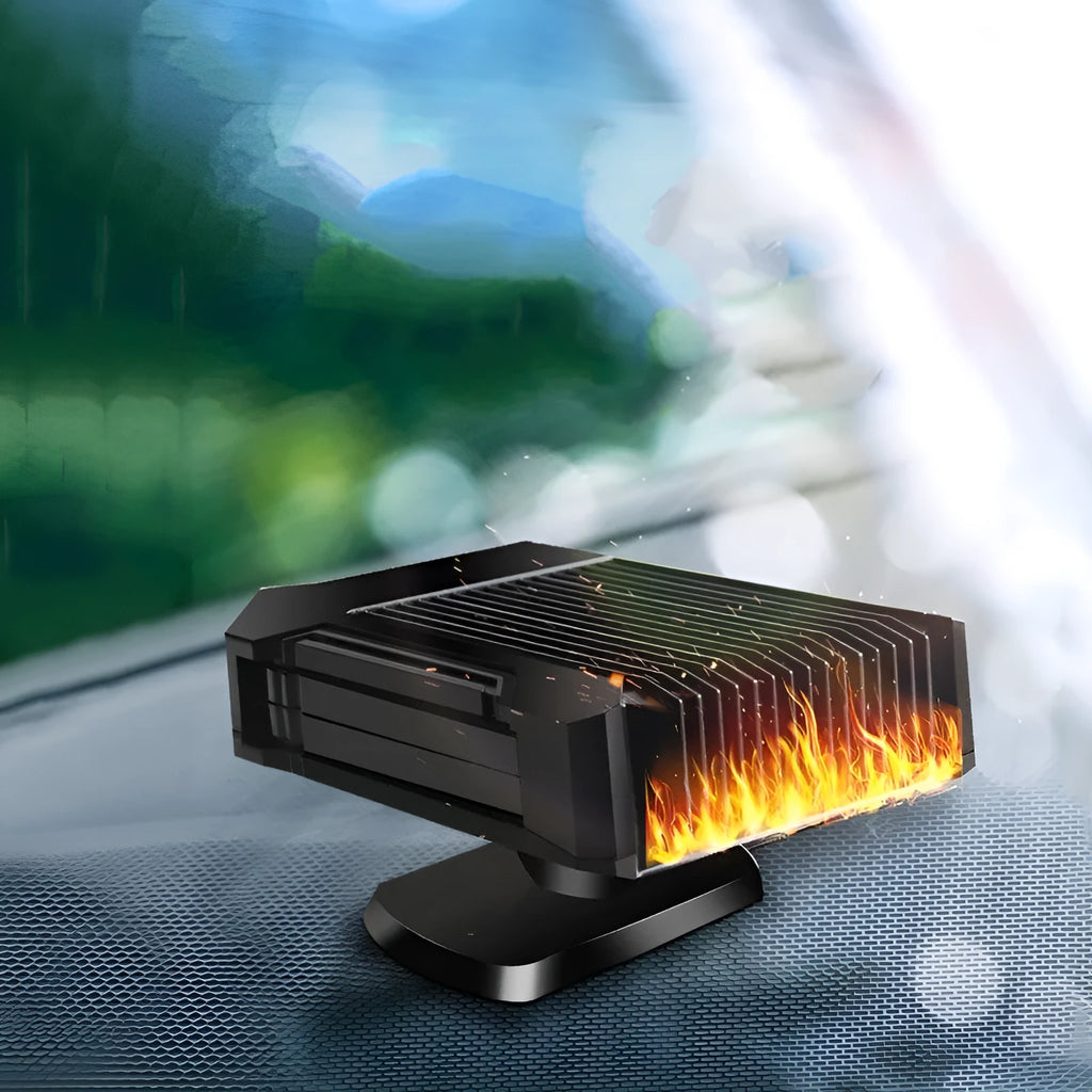 Black ABS plastic 12V car heater defroster with cigarette lighter plug for windscreen defrosting and summer fan use.