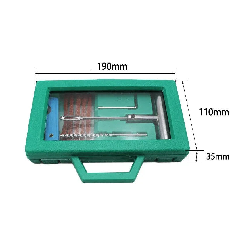 Car tyre repair kit with rubber strips, drill pin, solid handle, wrenches and storage box