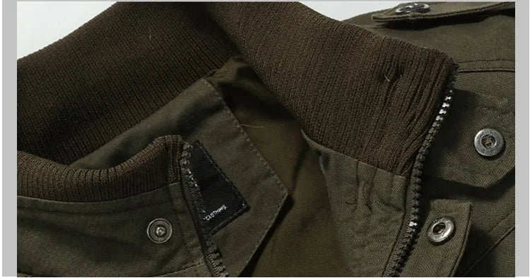 Men's winter bomber jacket in khaki, green or black, 100% cotton outer, polyester lining, long sleeve, badge detail, sizes M to 6XL.