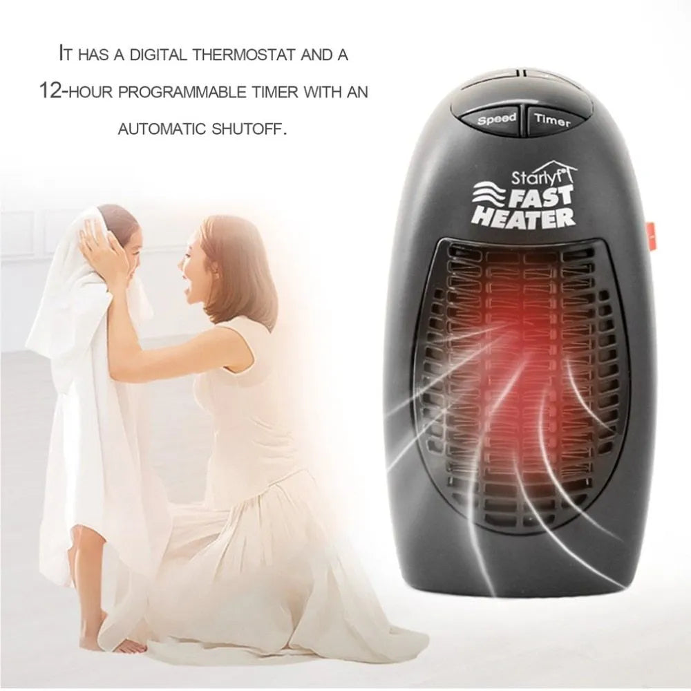 Black compact ceramic electric heater with digital display and rotating three-prong plug on a white background.