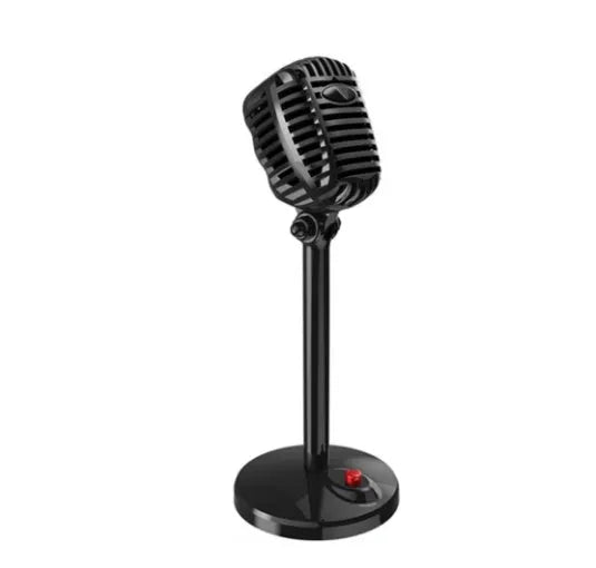 Black USB computer microphone on a weighted stand with an adjustable neck and long cable.