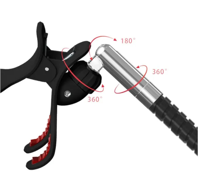 Adjustable bedside mobile phone holder bracket in black or white with universal clamp and folding mount