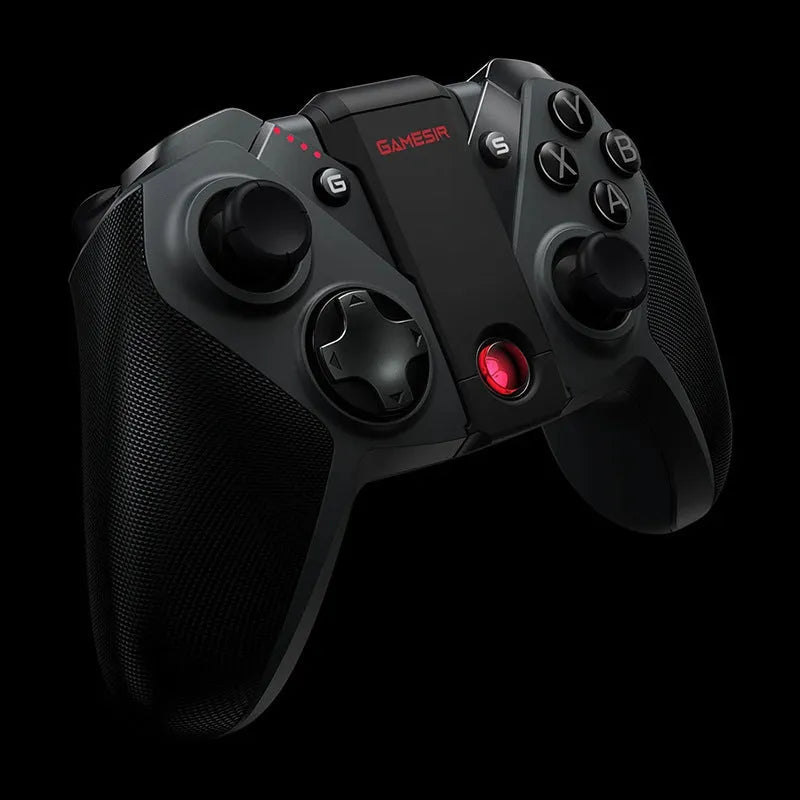 Black USB Type-C wired game controller for PC with vibration function on a grey surface.