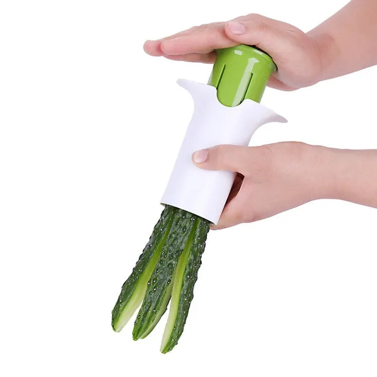 White cucumber slicer tool with 6 stainless steel blades and compact 104x107mm design