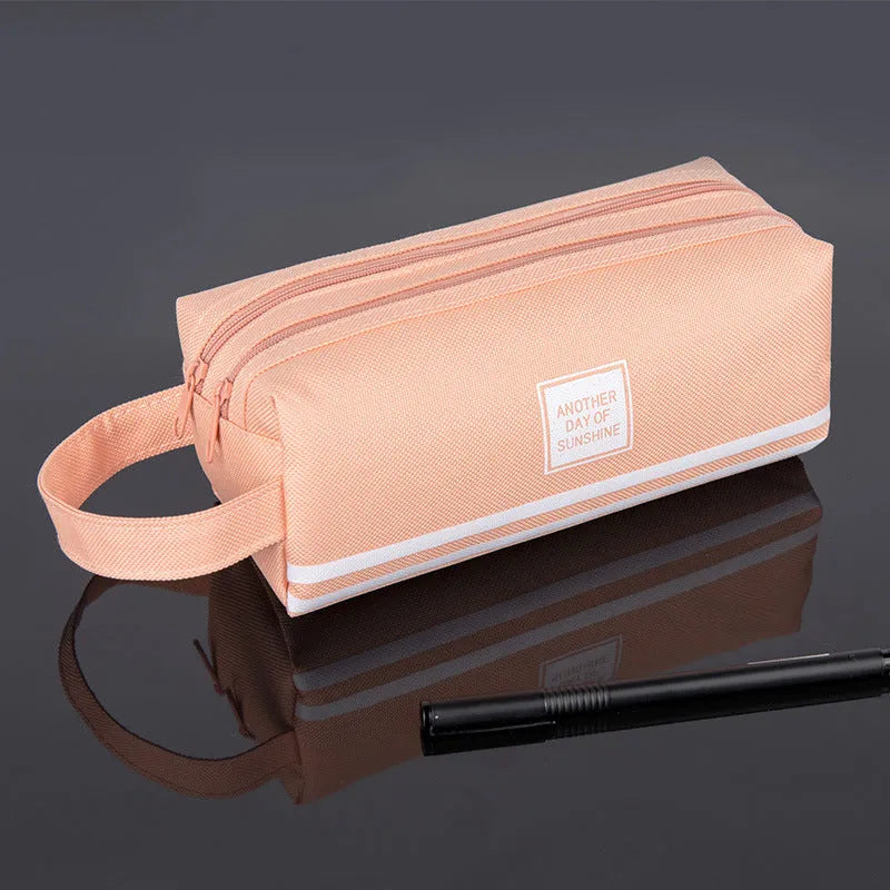 Canvas double-layer stationery box for junior high school students Oxford cloth pencil case with double zipper in blue