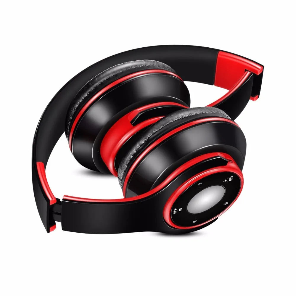 A foldable wireless Bluetooth over-ear headset in blue, showing adjustable hinges and ear cups.