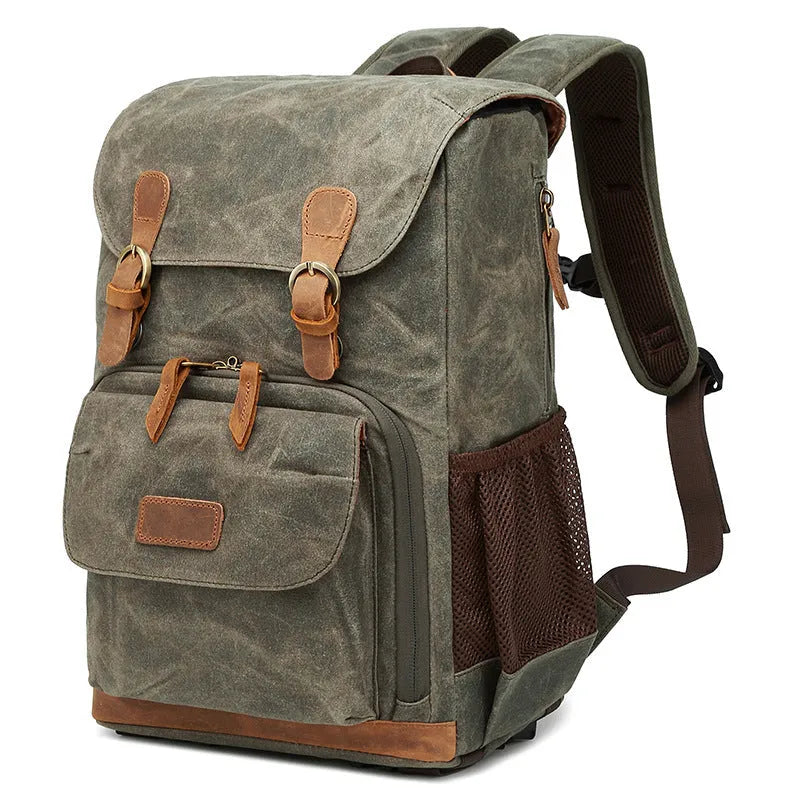 Canvas DSLR camera backpack in khaki colour with waterproof anti-theft features