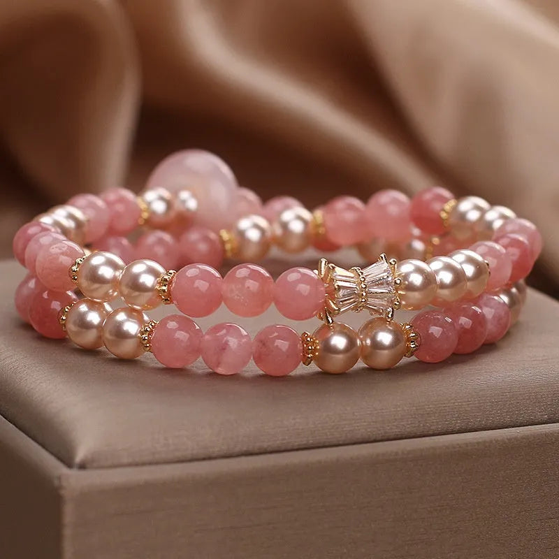 Pink strawberry quartz pearl bracelet for women, crystal beaded sweet style jewellery