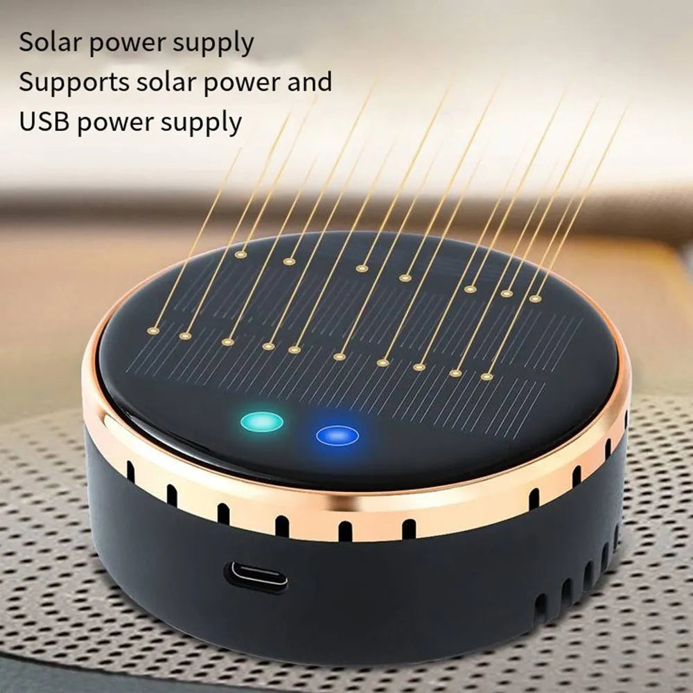 Black solar car humidifier installed in vehicle air vent showing solar panel and mist output
