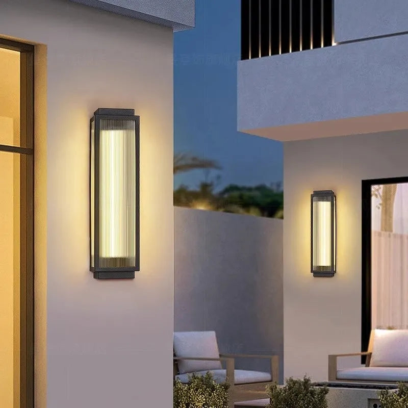 Waterproof stainless steel outdoor wall lamp showing multiple sizes and light colour options