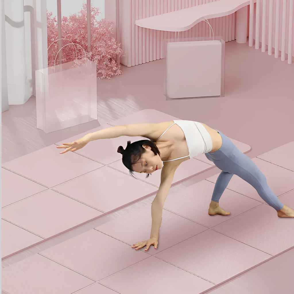 Blue portable folding TPE gymnastic mat for yoga and home fitness, shown unfolded and folded.