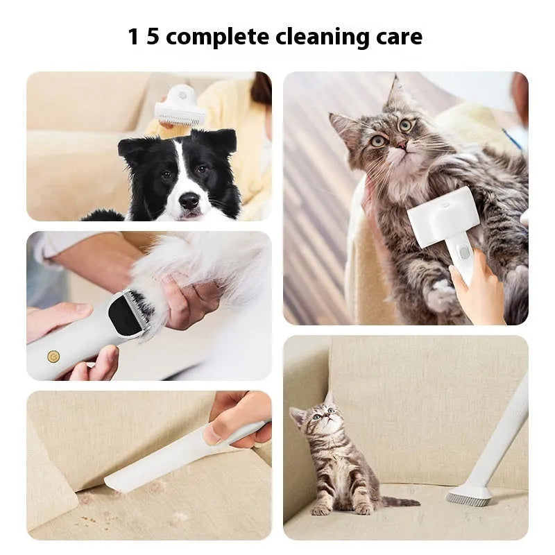 White pet grooming vacuum cleaner with attached shaver, hose, and set of grooming combs and calipers.