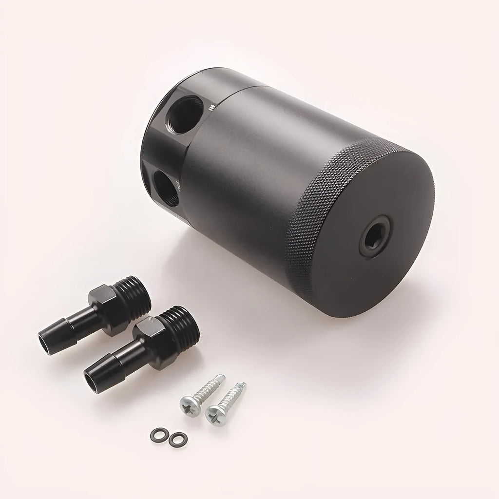 Black aluminium automotive oil pot with connectors and installation hardware