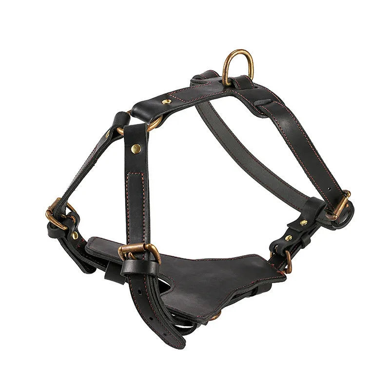 Black cowhide leather dog chest harness set with automatic traction rope and 360° chest and back surround