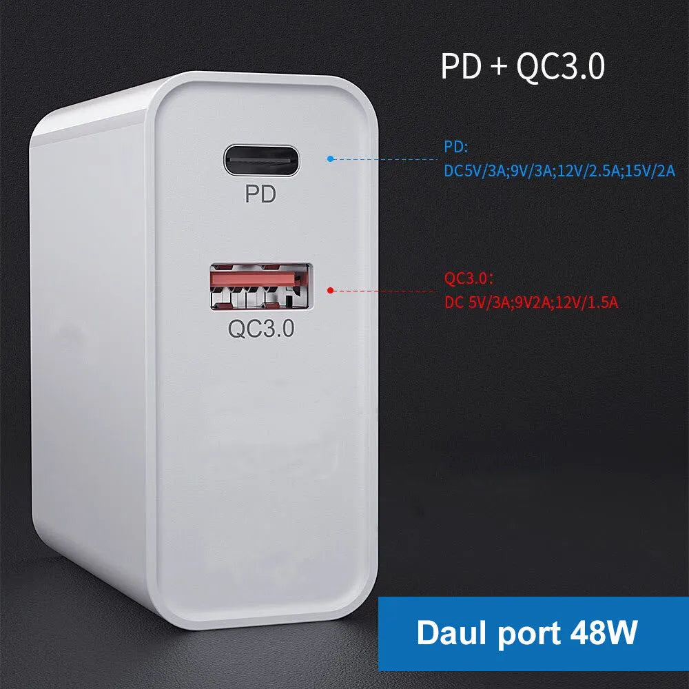 White 4-port USB fast wall charger with UK plug showing PD, QC and USB ports