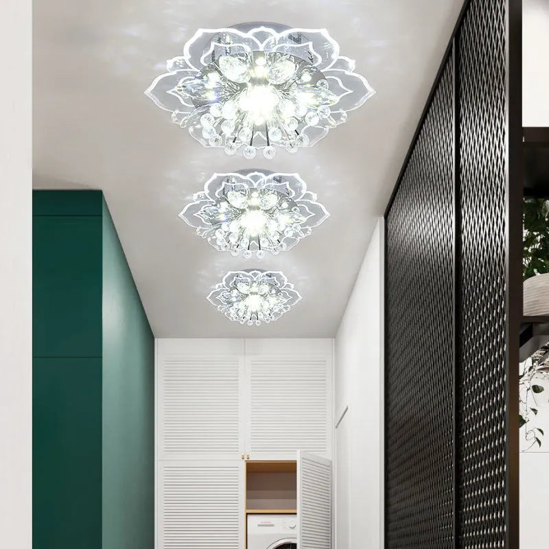 Small modern crystal ceiling lamp with flower-shaped shade and LED lighting