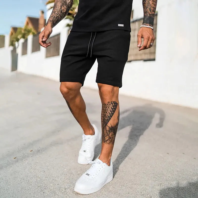 Men's cotton blend sports suit with T-shirt and shorts in gray, black, army green, camel