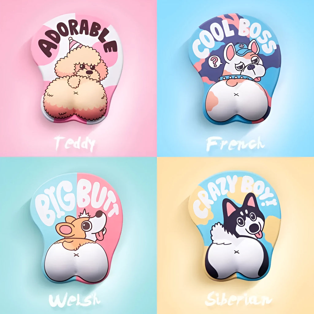 Corgi design 3D mouse pad with wrist support, 26cm x 21.8cm, non-skid PU base, available in blue, green, pink, yellow