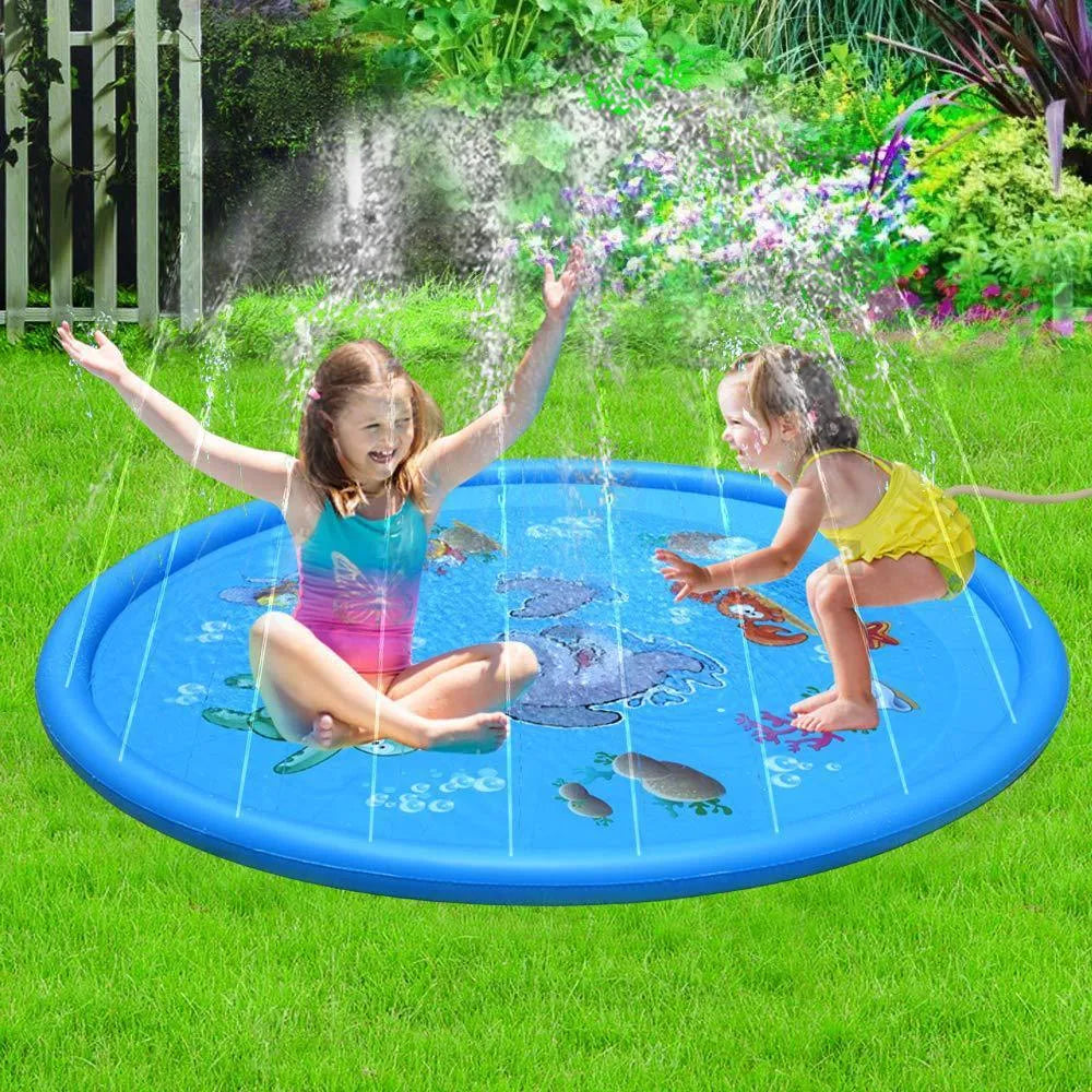 Blue PVC water spray play mat with marine animal graphics measuring 100cm by 170cm for children's outdoor water games
