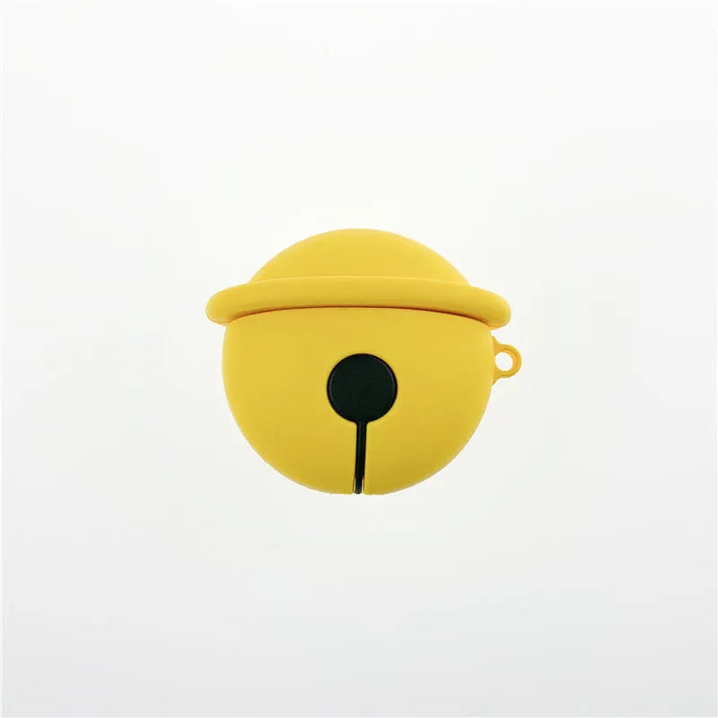 Yellow silicone AirPods case with a small silver bell charm attached