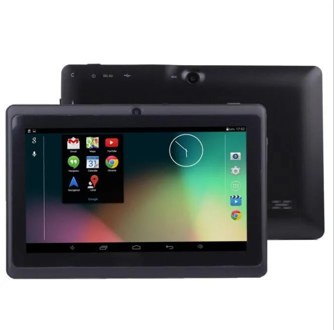 7 inch Android tablet with 8GB flash storage, quad core processor, WiFi, dual camera, plastic body, 20.0 cm x 10.0 cm x 5.0 cm