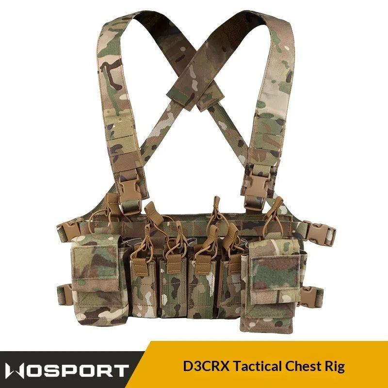 Camouflage nylon chest harness with accessory pouch in CP and Black CP, one size fits all