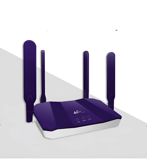 Blue dual-mode 4G and wired router with four extended antennas on a desk