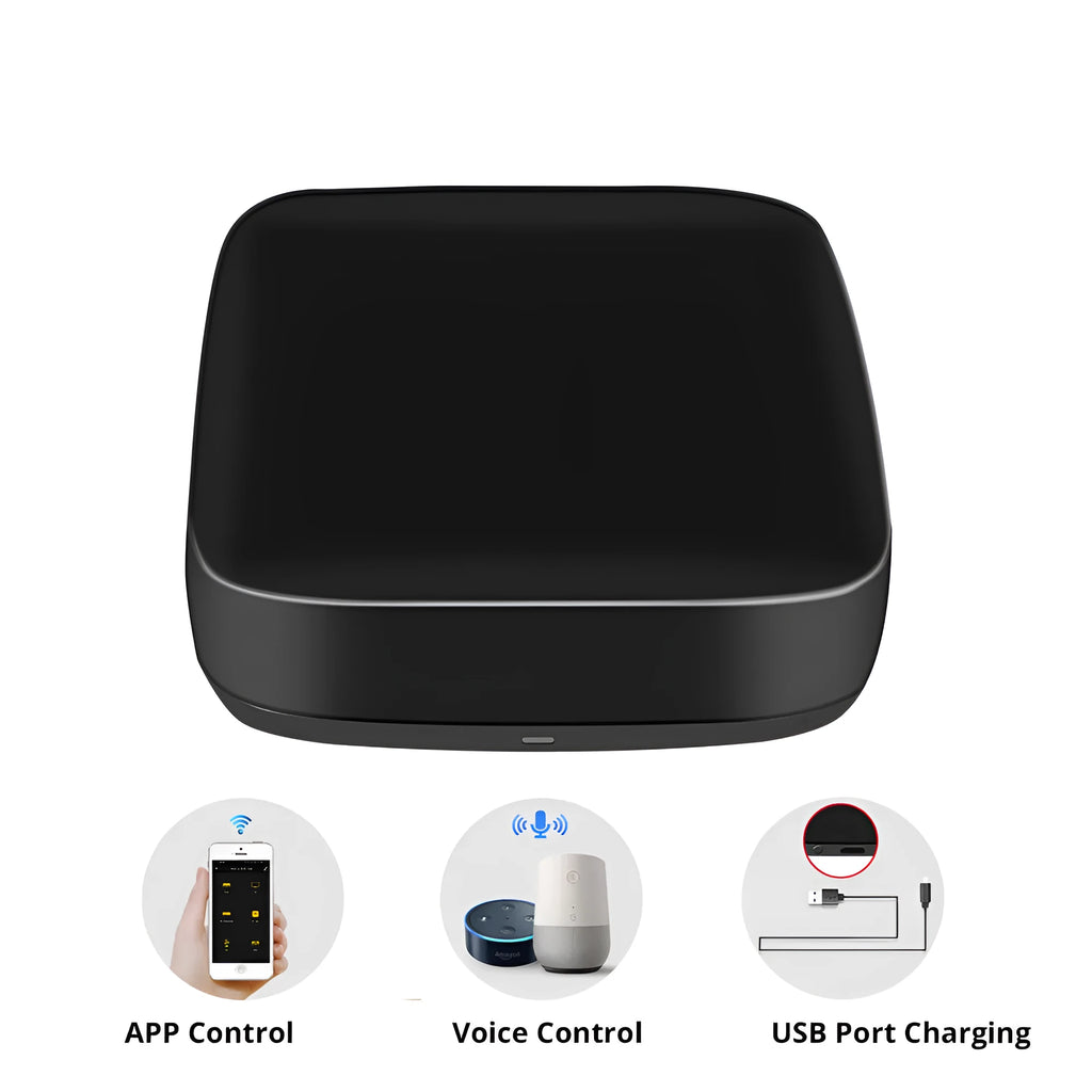 Black universal infrared remote control with voice control and WiFi connectivity for home automation