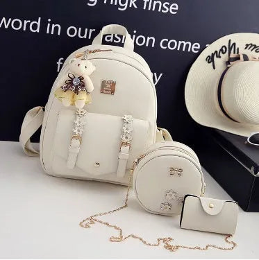 Floral three-piece bag set for women including backpack, shoulder bag and card bag in PU leather