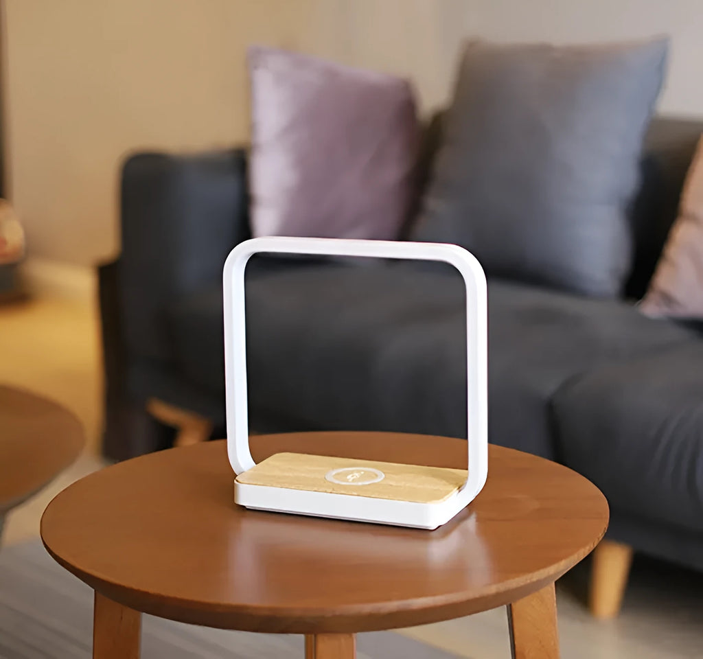 White intelligent induction lamp with LED light, touch switch, plastic lampshade, Apple compatible, interface options.