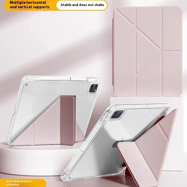 Clear acrylic iPad protective cover with a folding stand, shown in multiple colour options.