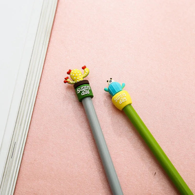 Potted cactus gel pen set 4 pens plastic silicone 18.5cm fine 0.5mm tip blue colorful gray green yellow