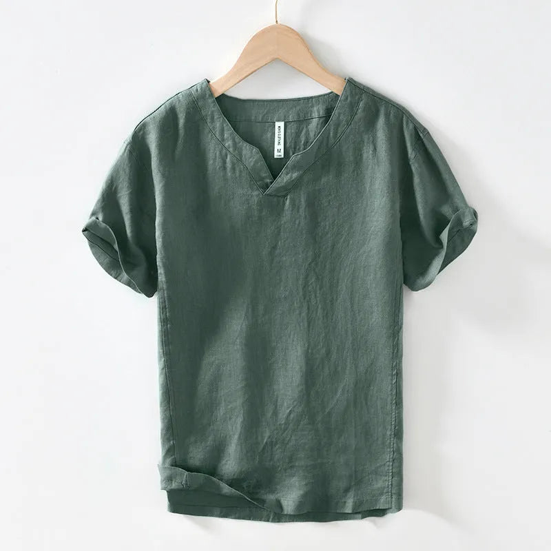 Personalized simple casual linen T-shirt top in brown, green, dark gray, khaki, or white, short sleeve, sizes M to 3XL