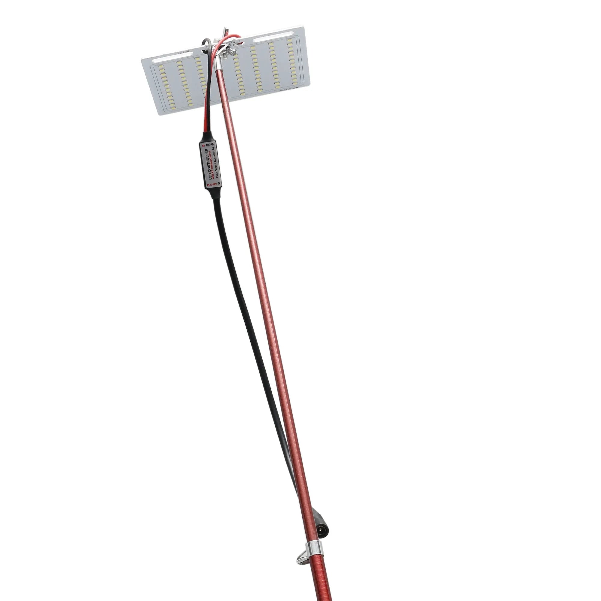 White LED fishing rod light mounted on a telescopic pole with remote control for outdoor use.