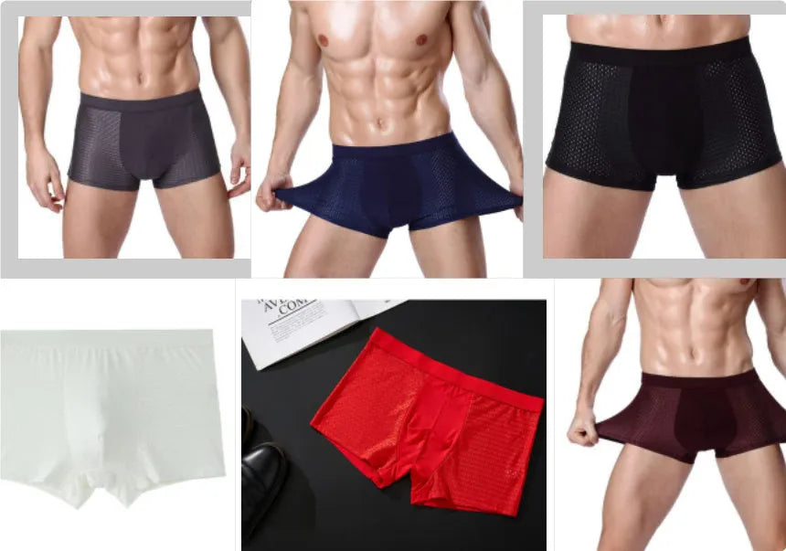 Men's solid colour ice silk boxer briefs with U convex design on a mid waist.