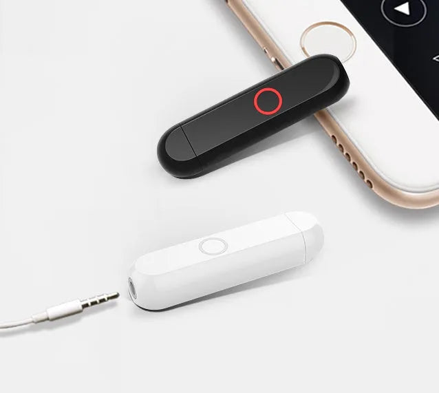 Compact A1 Bluetooth audio receiver with 3.5mm plug shown in black, blue, orange, and white colour options.