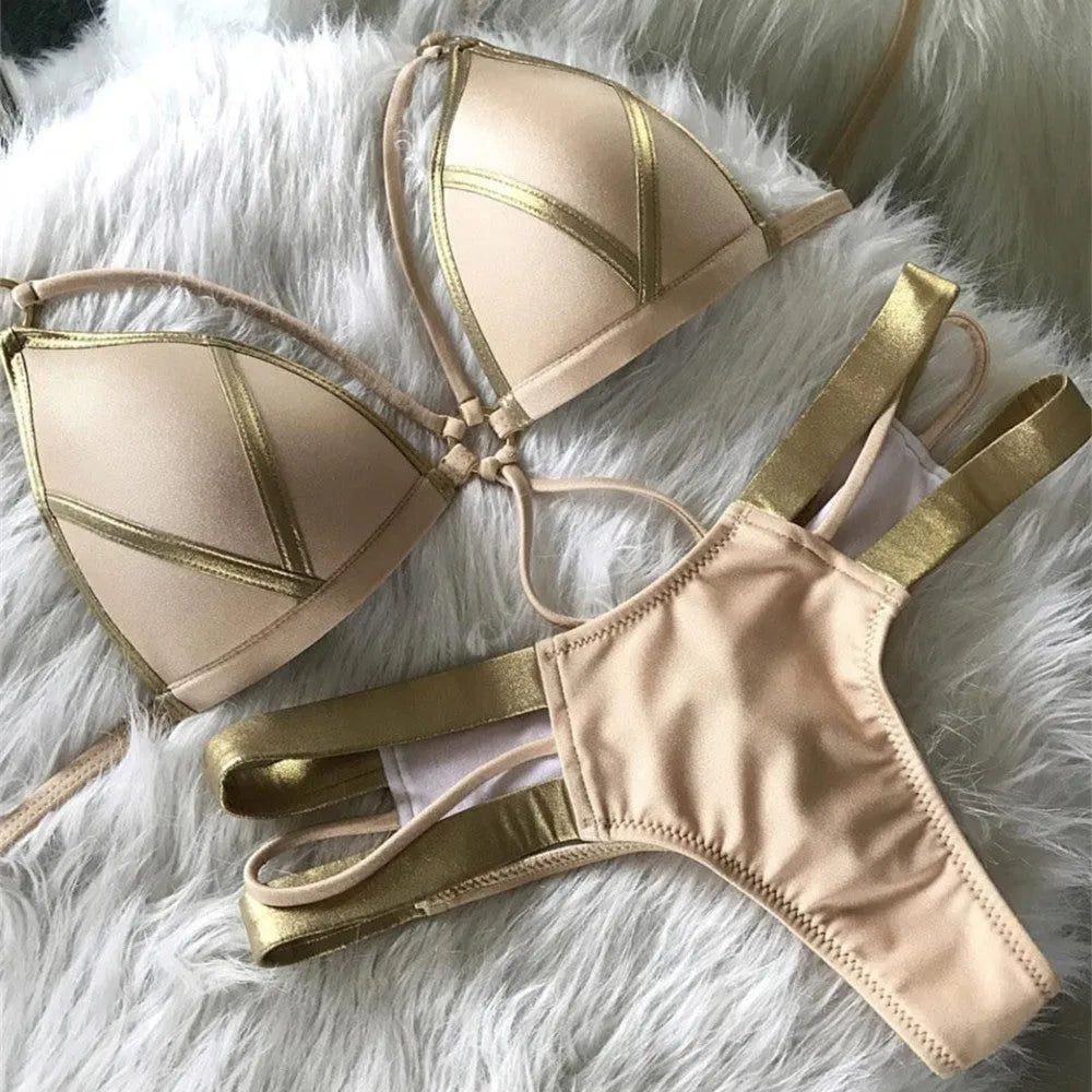 Women's bronzing bikini swimsuit in nylon with cotton lining and chest pads.