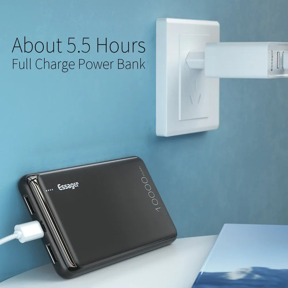 Essager Small Jane 10000mAh portable power bank in black or white showing dual USB ports and LED indicators