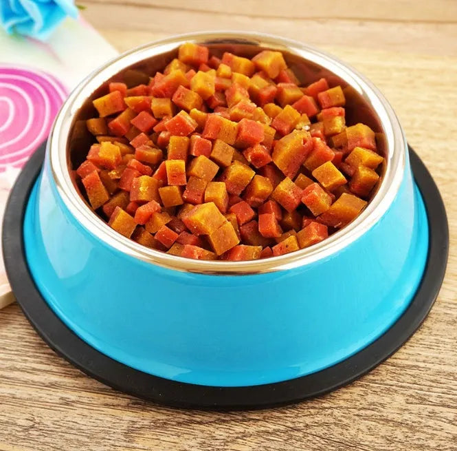 Stainless steel pet bowl with melamine exterior in six colour options showing non-slip base