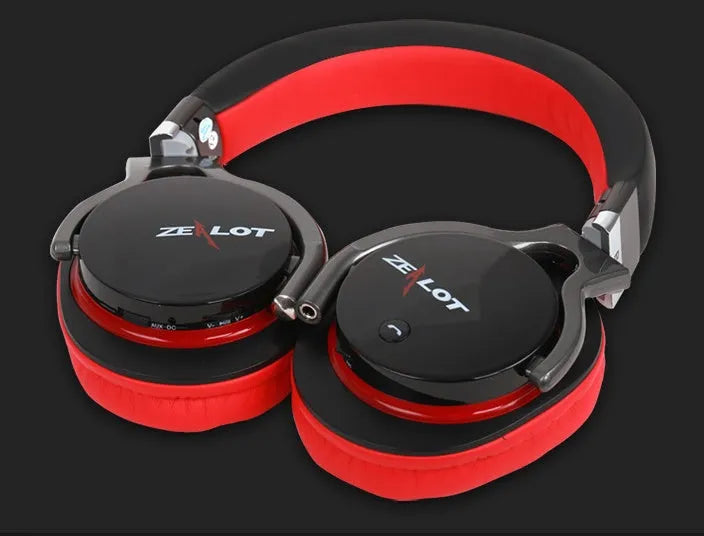 B5 wireless Bluetooth 4.0 over-ear headset with 40mm speaker and 3.5mm stereo interface, shown in black, silver, or red.