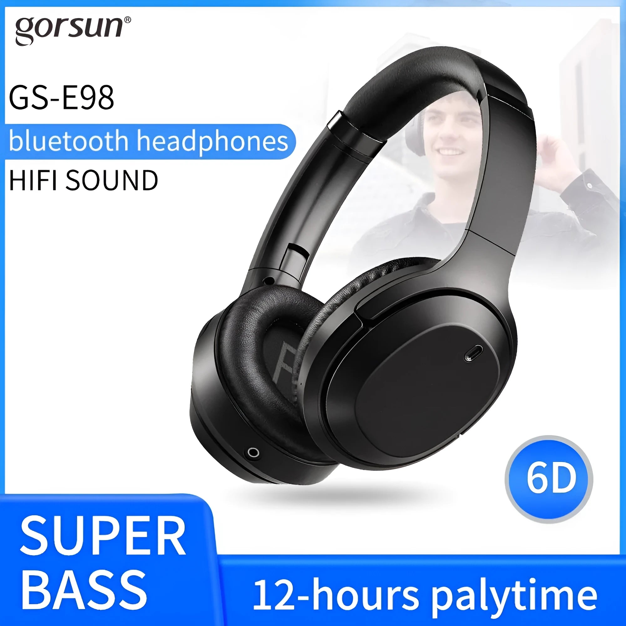 Black Gorsun E98 over-ear Bluetooth headphones with memory-protein ear cushions and stainless steel sliders