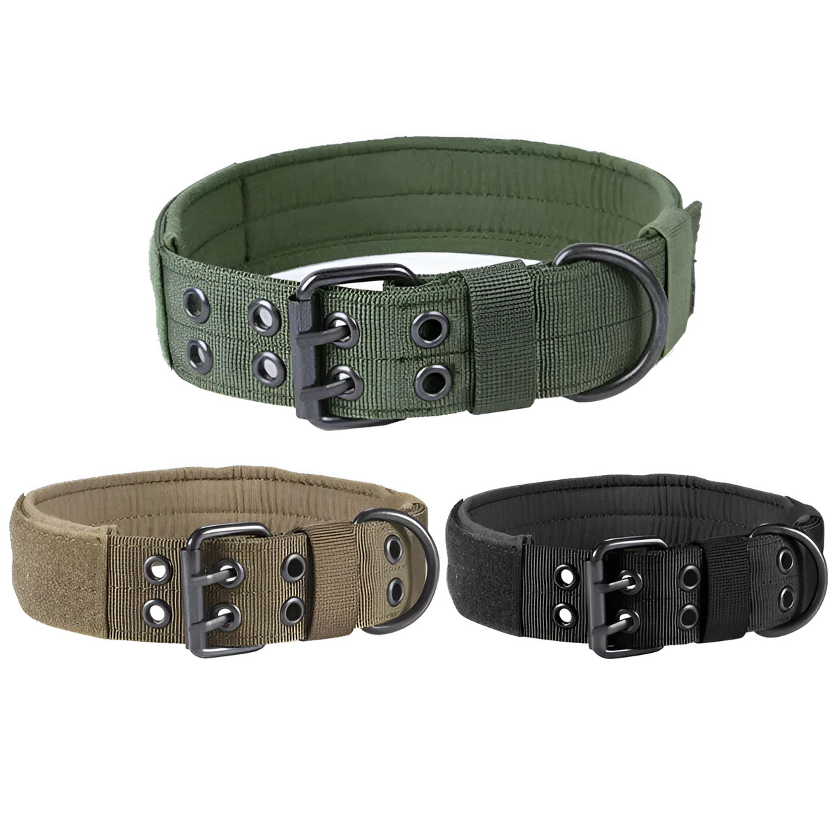 Nylon anti-grind dog collar with padded lining, metal D ring, buckle, Velcro patch panel, black brown green, sizes L M XL