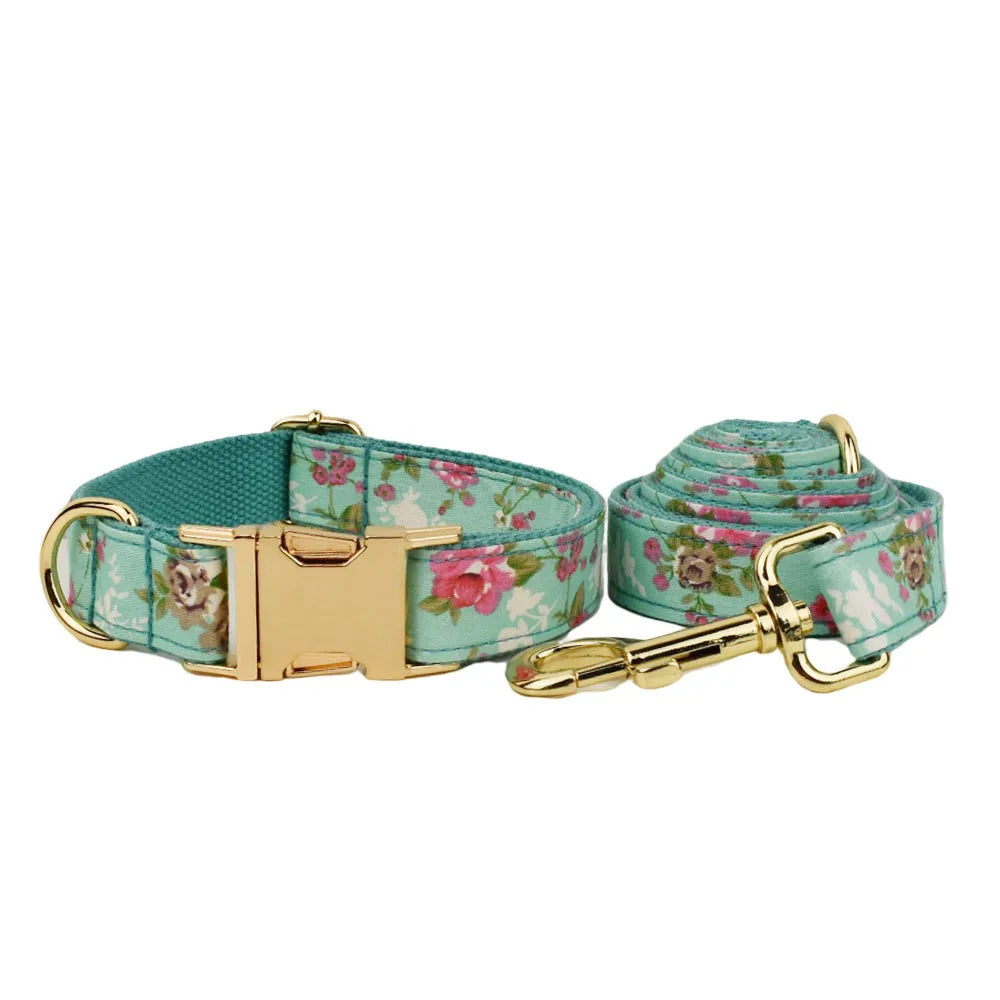 Rose dog collar with green background and detachable cute bow, cloth pet set with leash and vest options