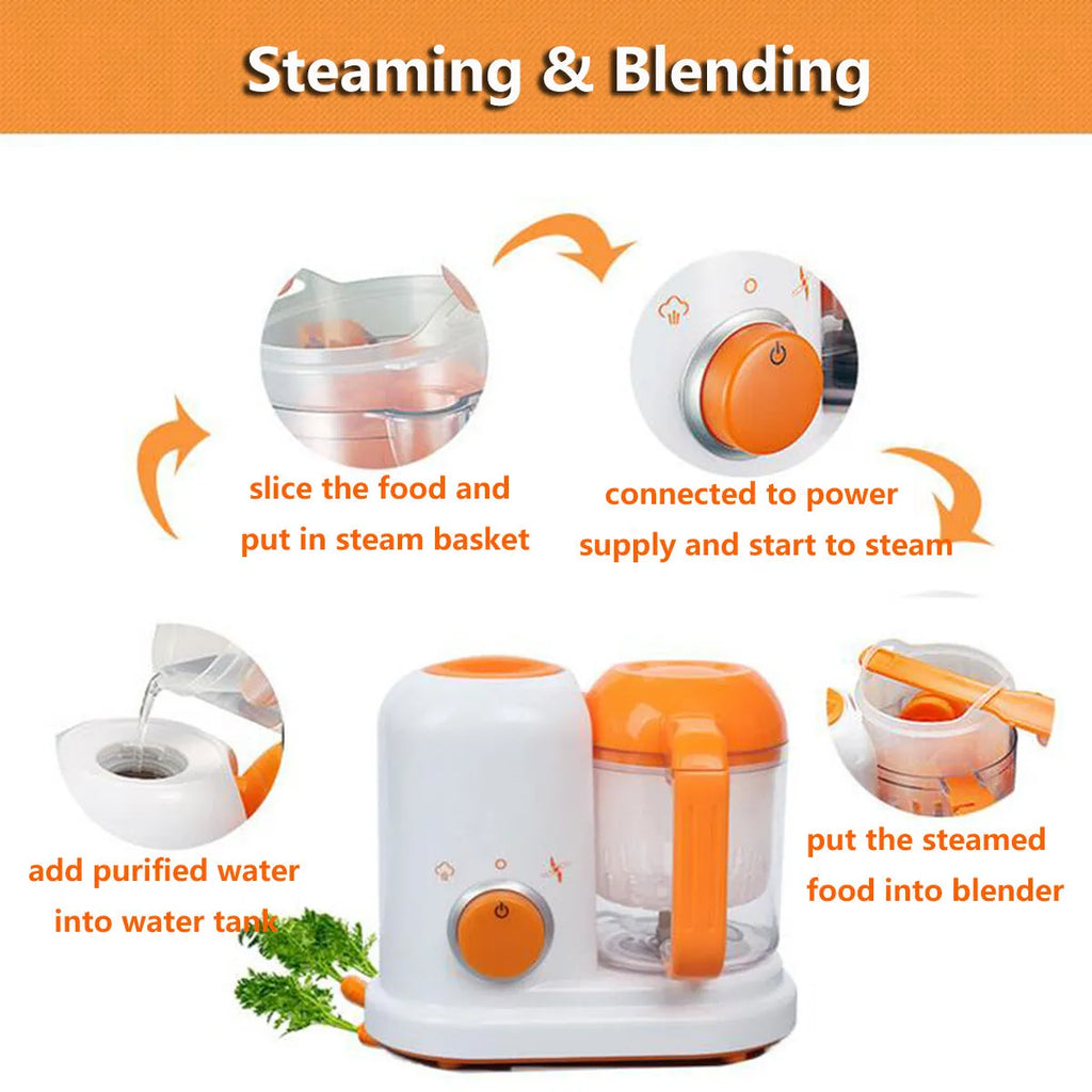 Multi-function baby food processor in light green or light pink, 190ml capacity, 23x12.8x20cm, with steam, blend and heat functions.