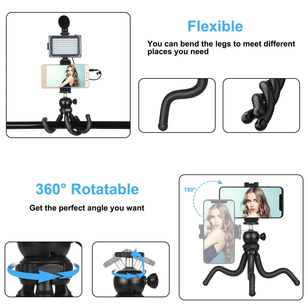 Black octopus tripod live broadcast kit with flexible legs, fill light, and microphone for iPhone.