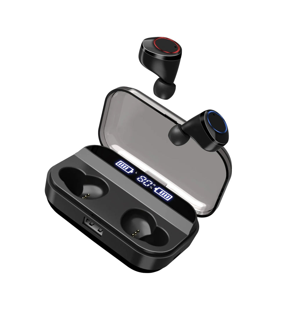 Black X11 Bluetooth wireless earbuds with touch controls and charging case with optional wireless charging