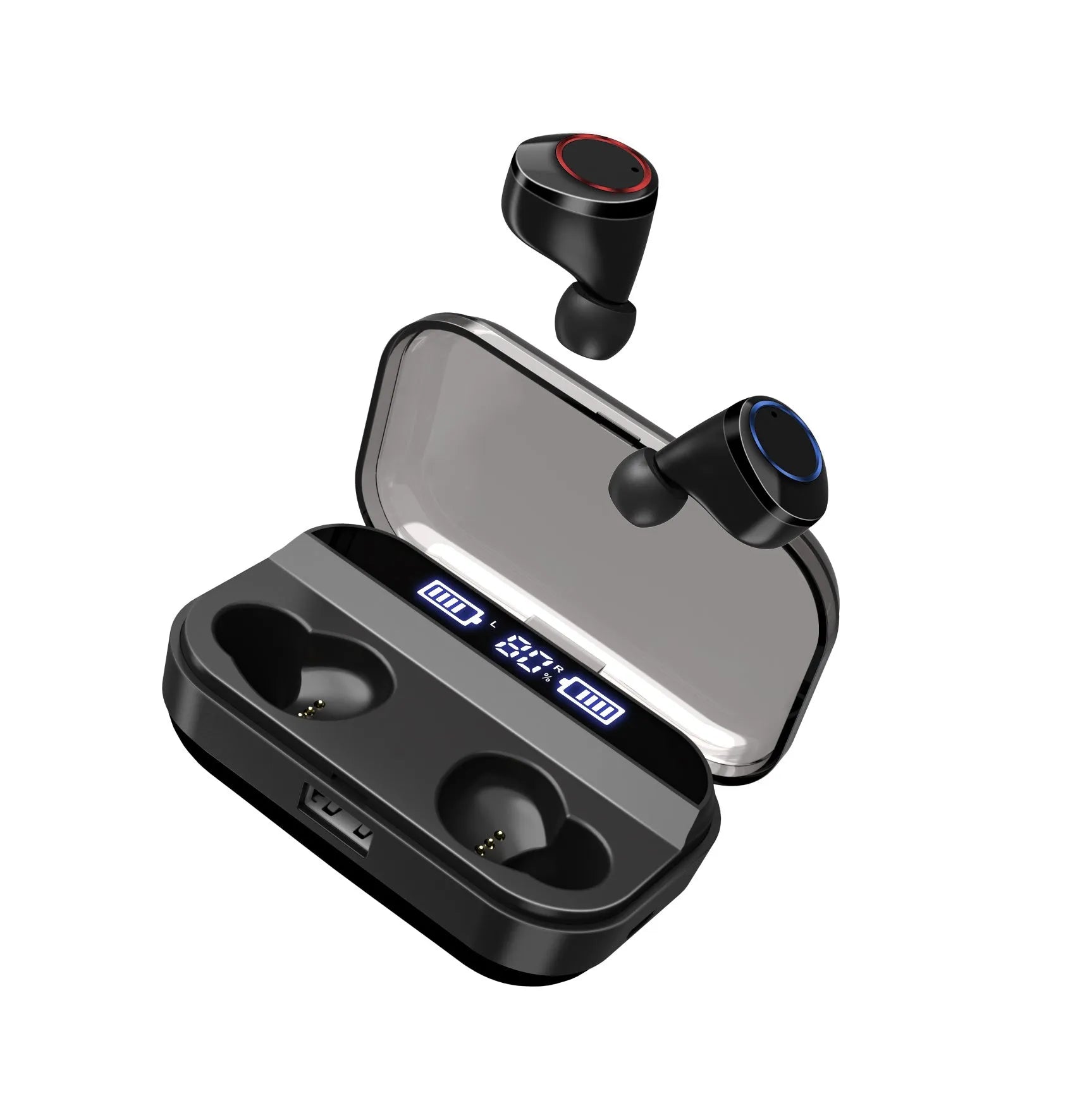 Black X11 Bluetooth wireless earbuds with touch controls and charging case with optional wireless charging