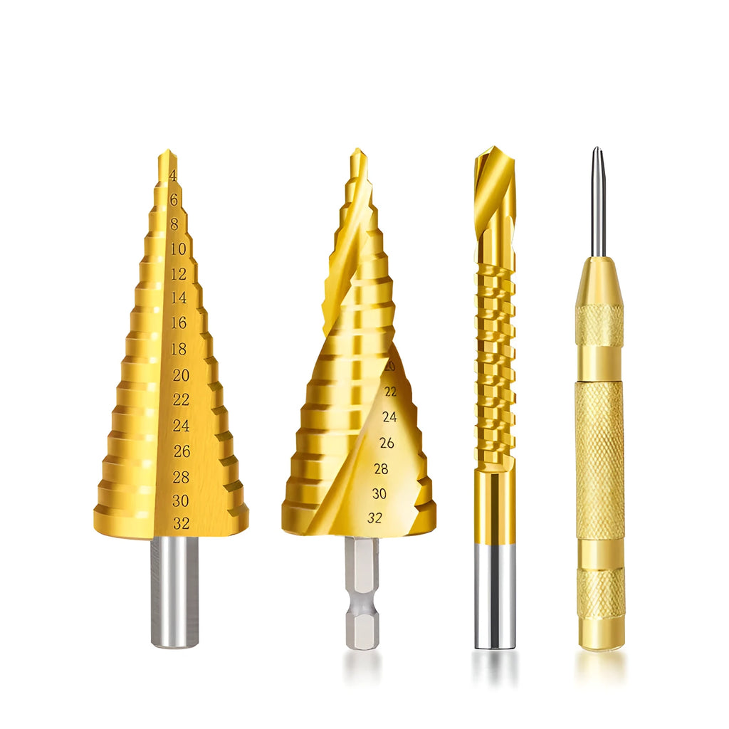 High speed steel cone drill bit and centre punch set showing colour-coded options and step drill design