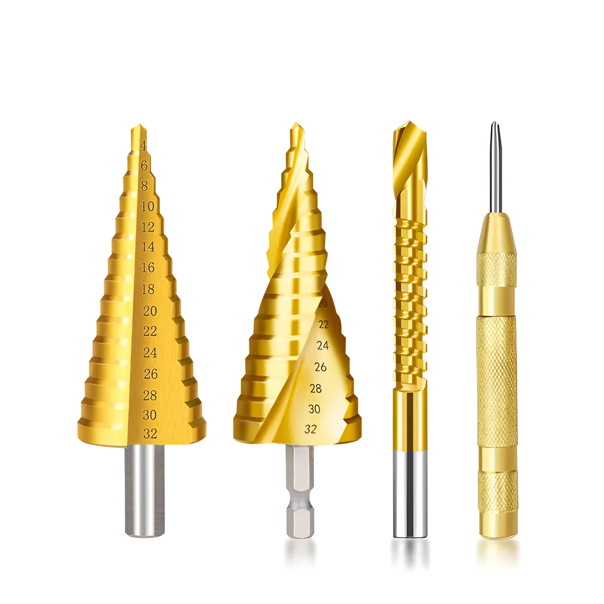High speed steel cone drill bit and centre punch set showing colour-coded options and step drill design