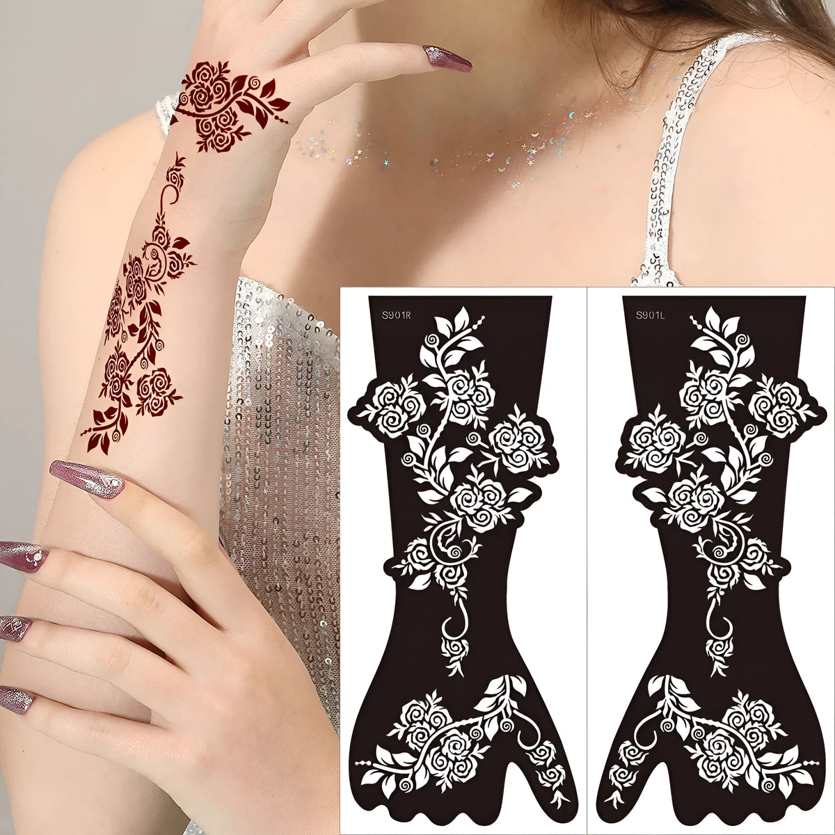 Geometric hollow template tattoo sticker sheet showing 30 symmetrical pattern designs